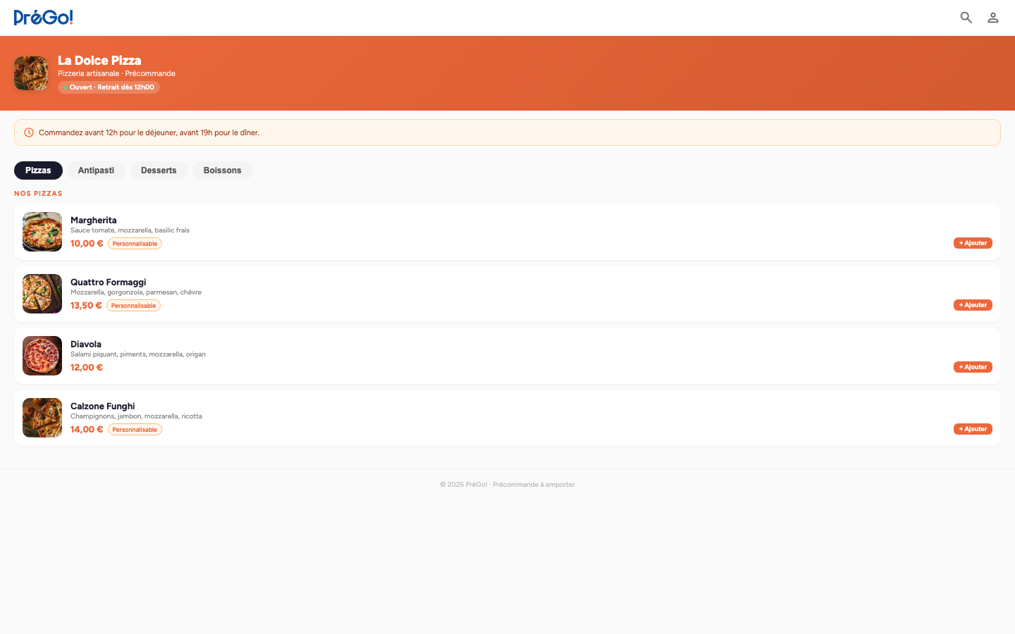 Interface PréGo! — La Dolce Pizza