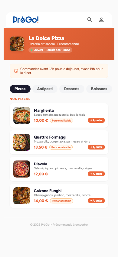 Interface PréGo! — La Dolce Pizza